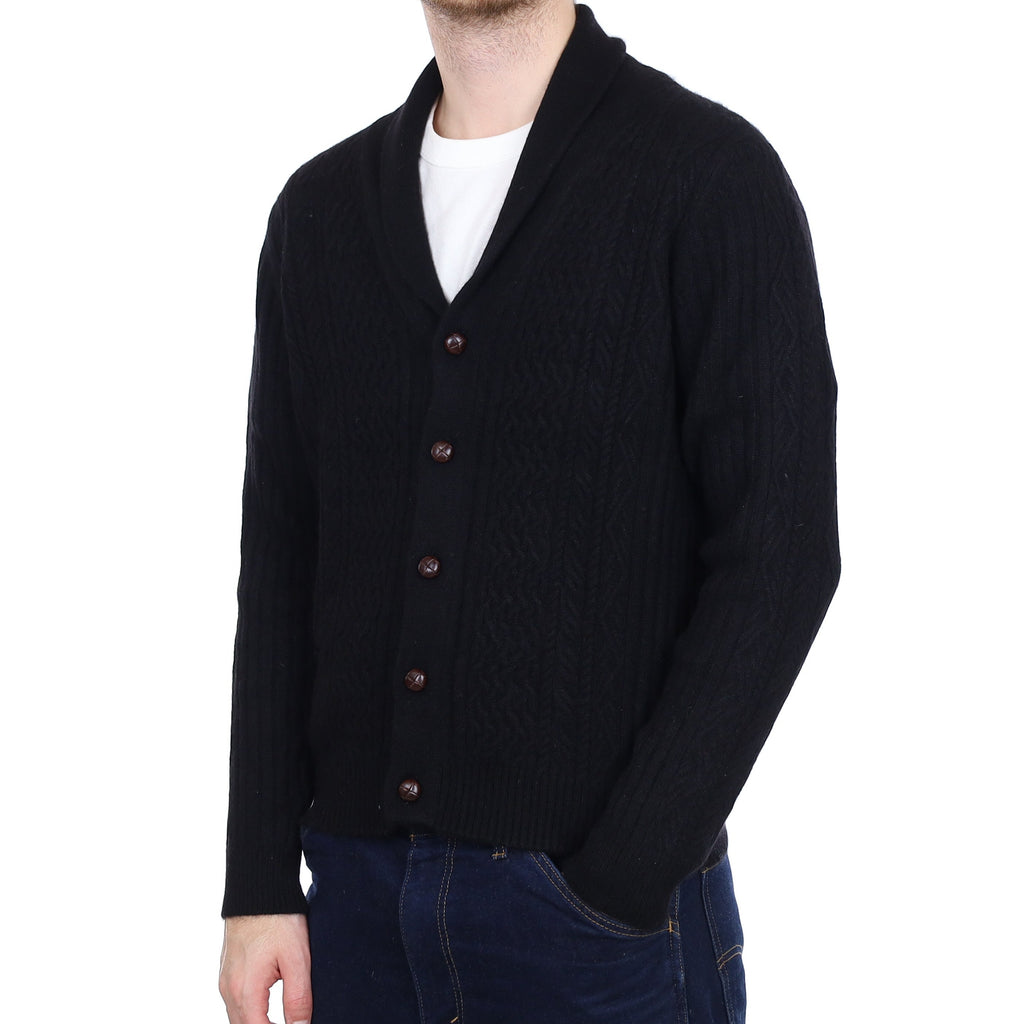 Men's Black Textured Cashmere Shawl Collar Cardigan Large