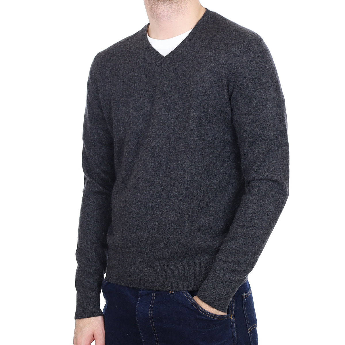 Men's Graphite Grey Cashmere V Neck Jumper Large
