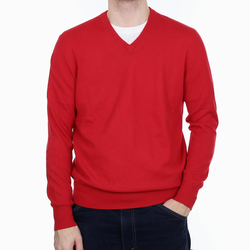 Men's Ruby Red Cashmere V Neck Jumper Large