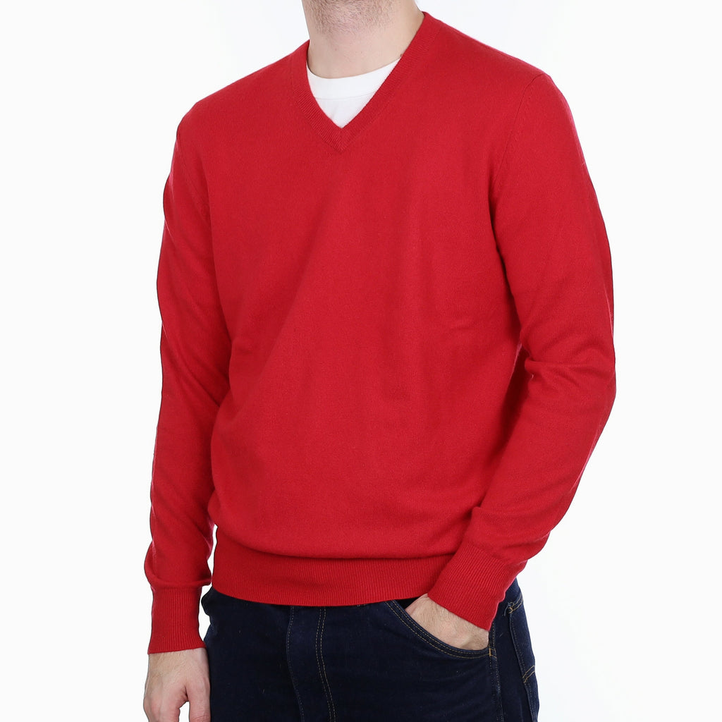 Men's Ruby Red Cashmere V Neck Jumper Large
