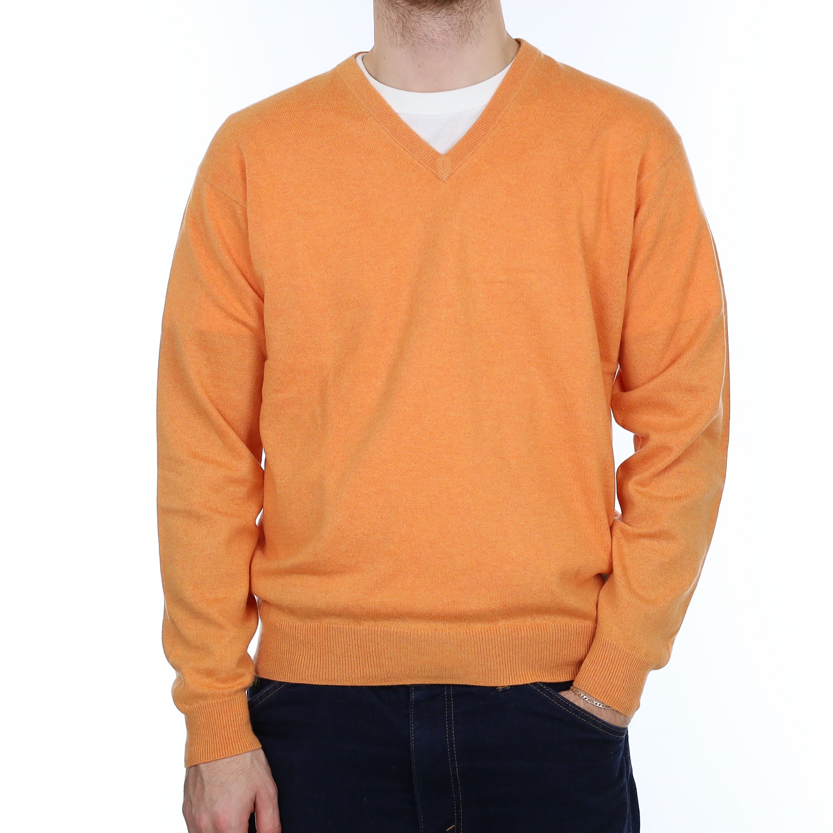 Men's Cantaloupe Orange Cashmere V Neck Jumper Large