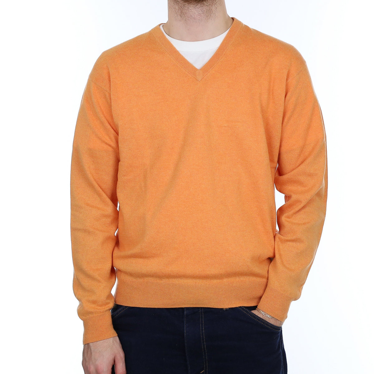Men's Cantaloupe Orange Cashmere V Neck Jumper Large