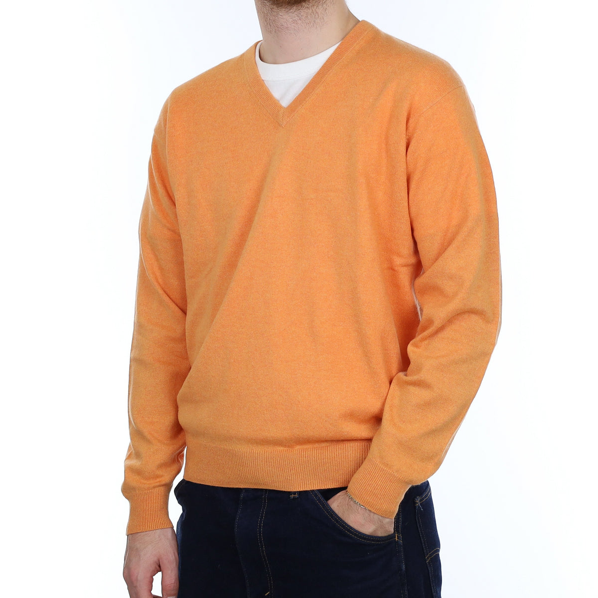 Men's Cantaloupe Orange Cashmere V Neck Jumper Large