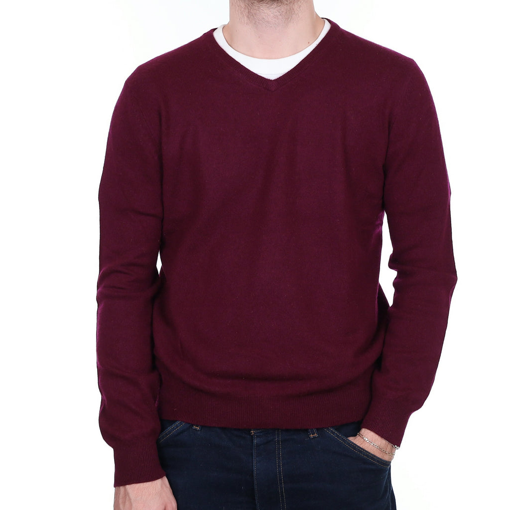 Men's Wine Red Cashmere V Neck Jumper Large