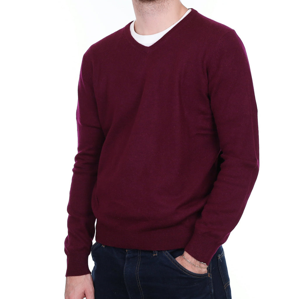 Men's Wine Red Cashmere V Neck Jumper Large