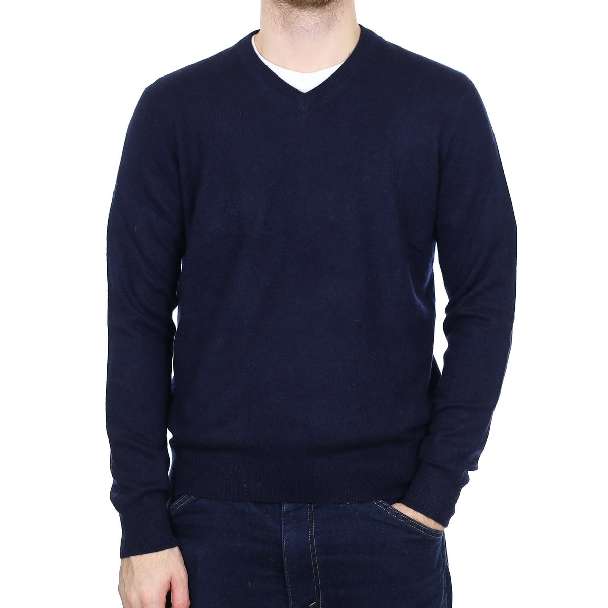 Men's Dark Navy Cashmere V Neck Jumper Large