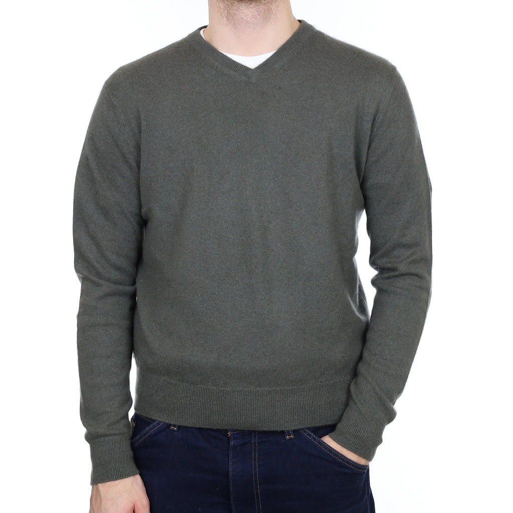 Men's Country Green Cashmere V Neck Jumper Large