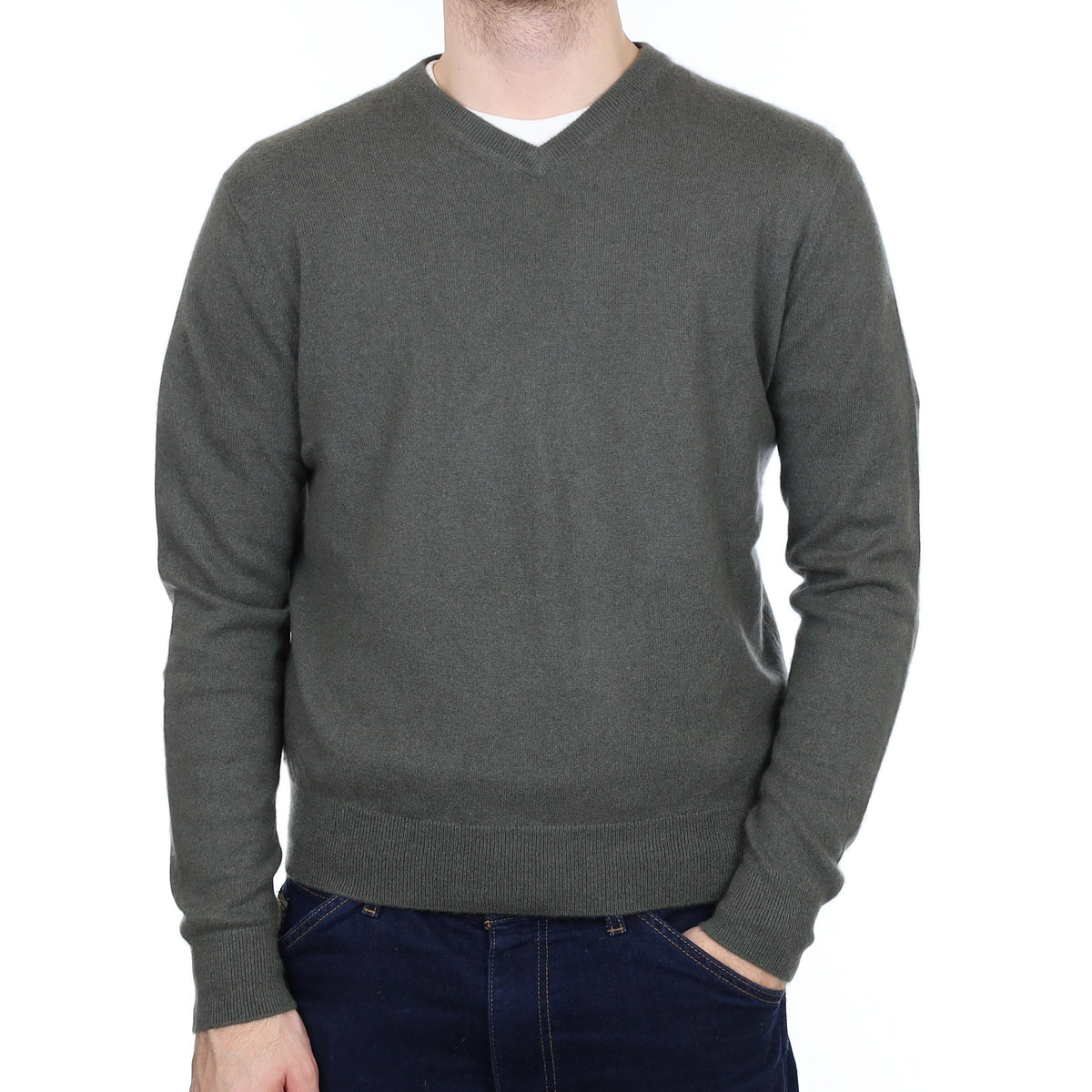 Men's Country Green Cashmere V Neck Jumper Large