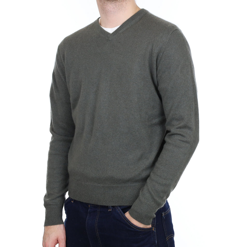 Men's Country Green Cashmere V Neck Jumper Large