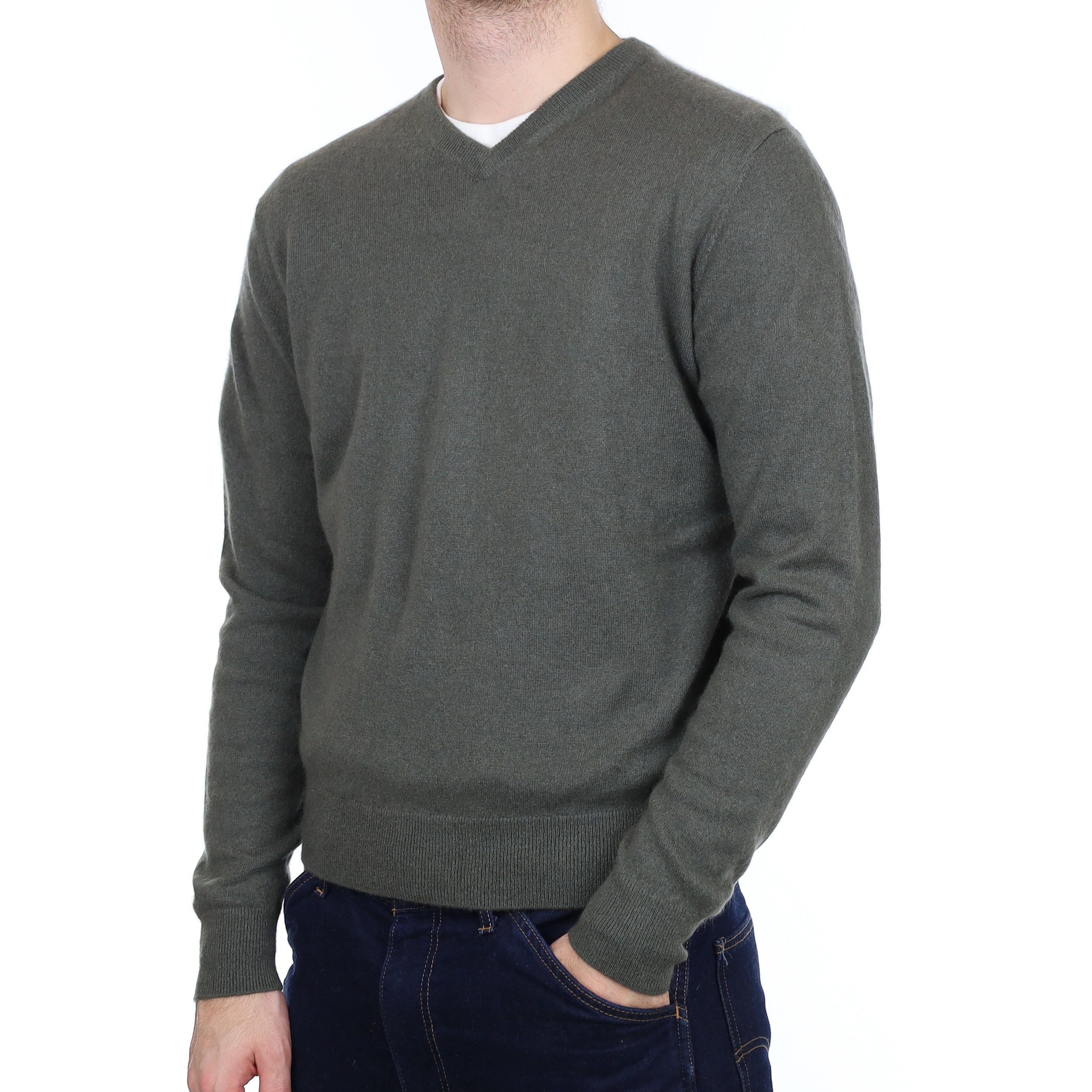 Men's Country Green Cashmere V Neck Jumper Large