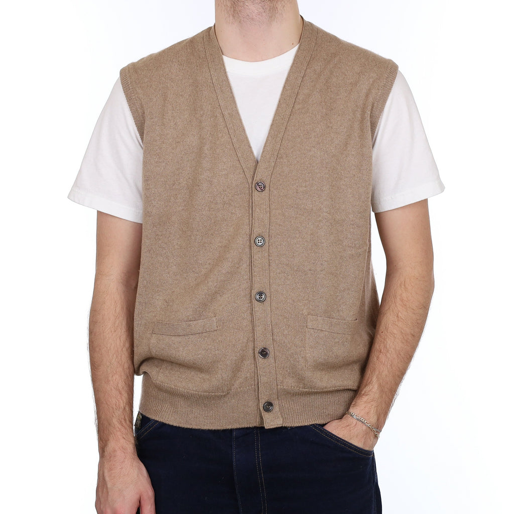 Men's Scottish Camel Brown Cashmere V Neck Waistcoat Large