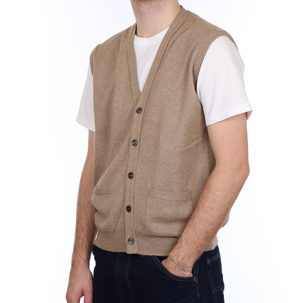 Men's Scottish Camel Brown Cashmere V Neck Waistcoat Large