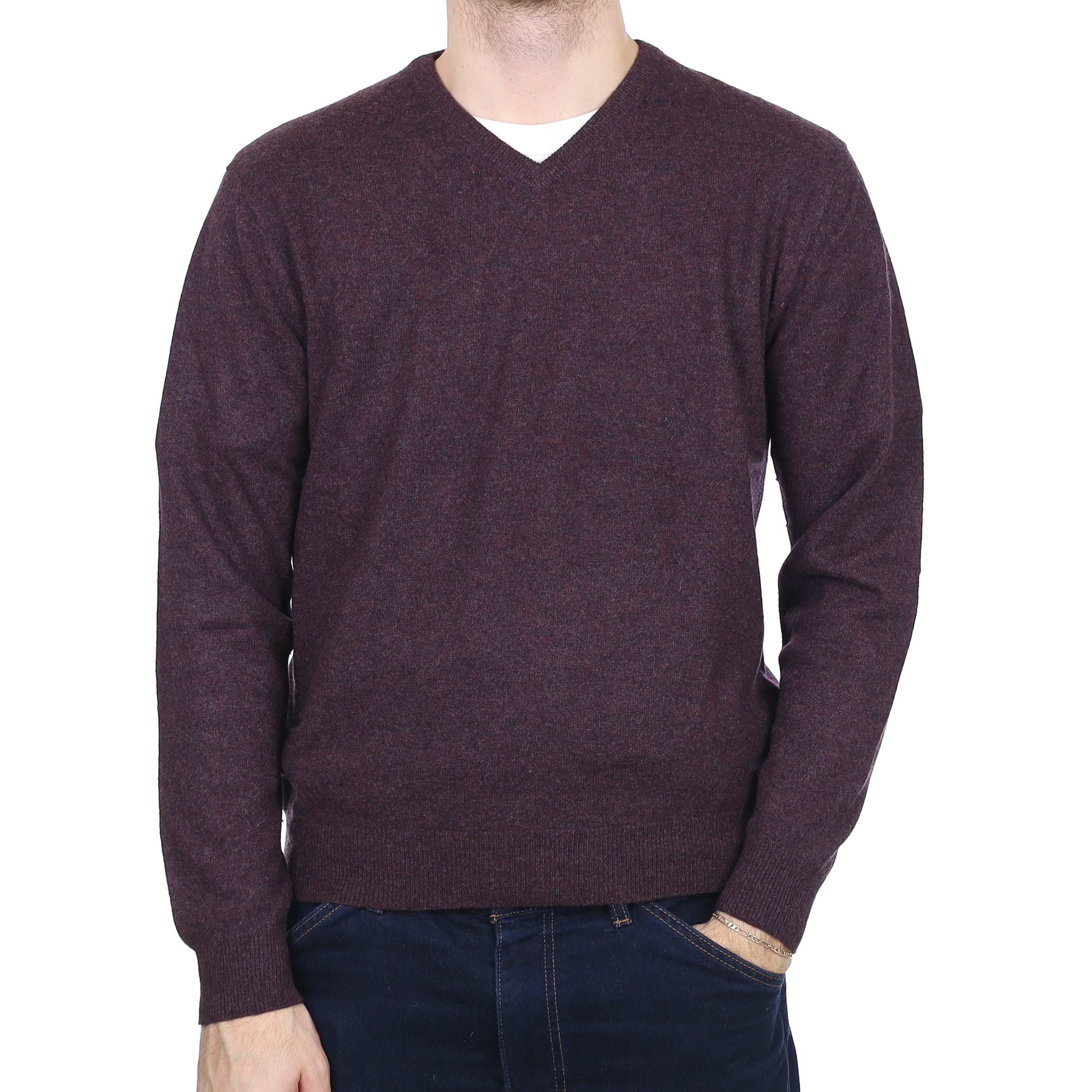 Men's Puce Purple Marl Cashmere V Neck Jumper Large