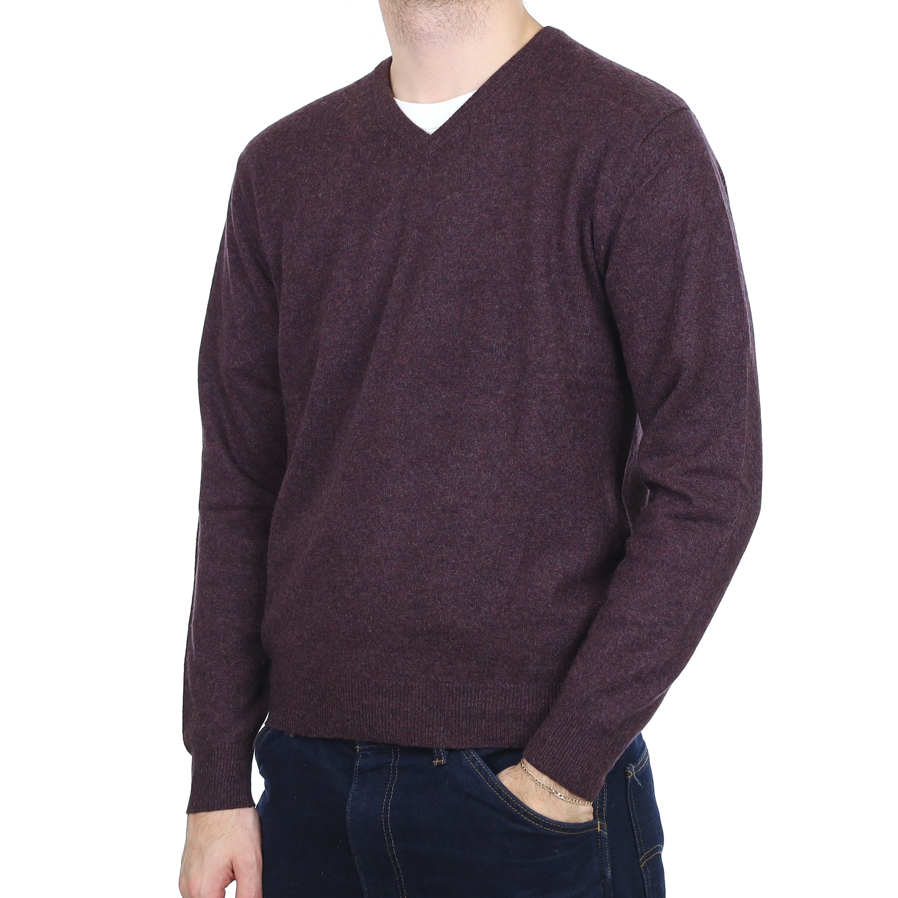 Men's Puce Purple Marl Cashmere V Neck Jumper Large
