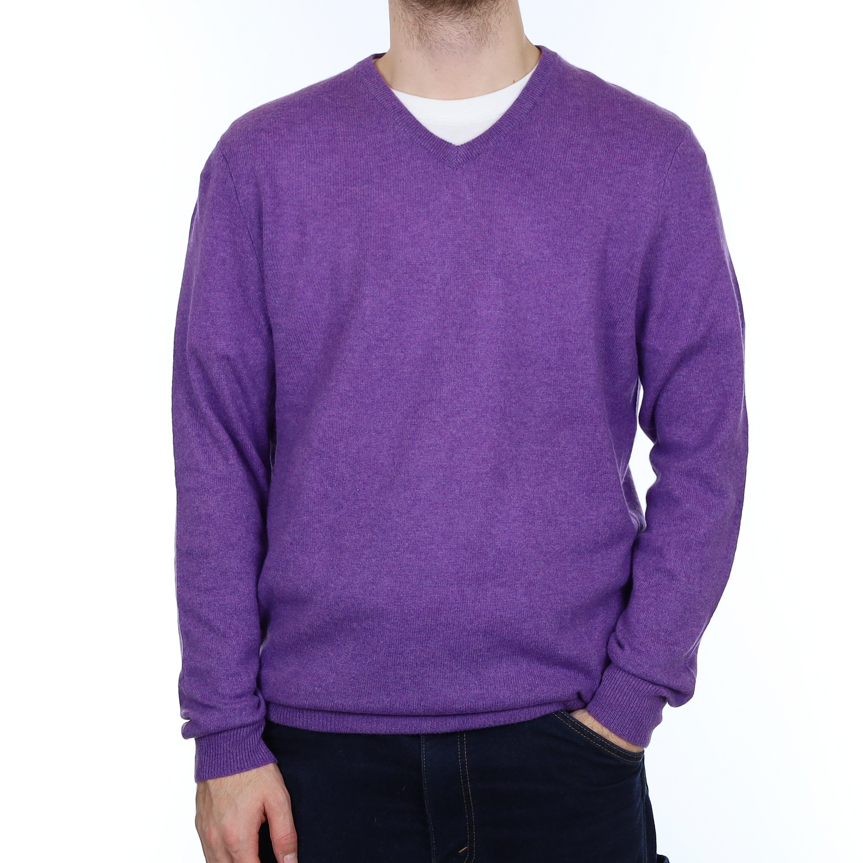 Men's Hyacinth Purple Cashmere V Neck Jumper Large/Tall