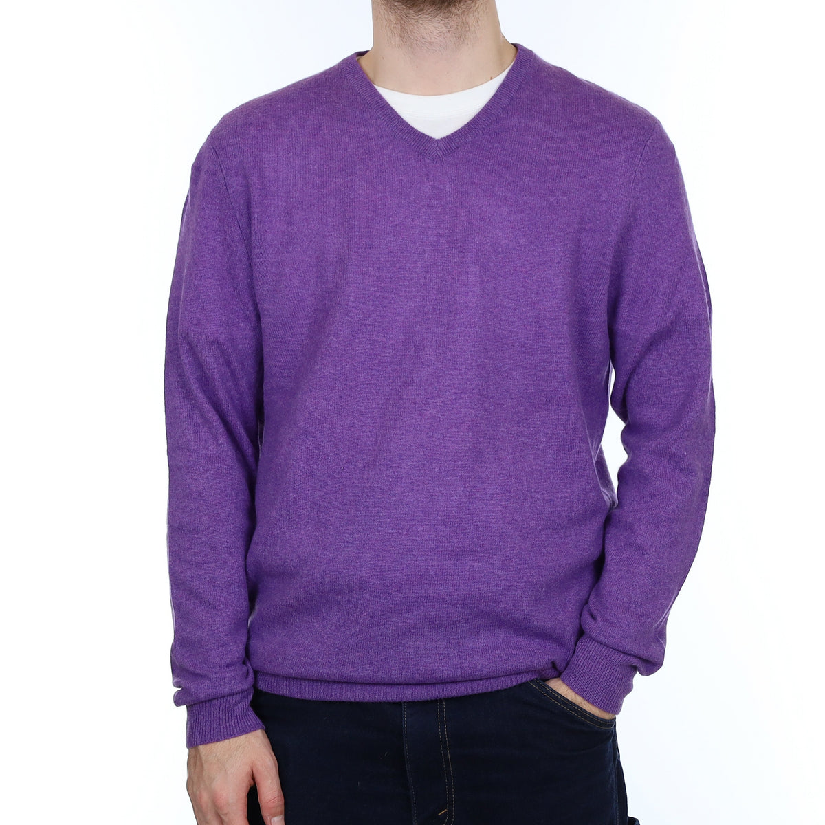 Men's Hyacinth Purple Cashmere V Neck Jumper Large/Tall
