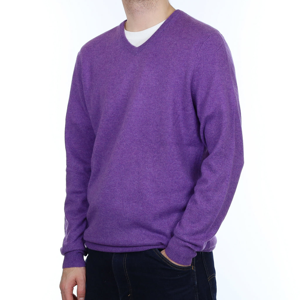 Men's Hyacinth Purple Cashmere V Neck Jumper Large/Tall