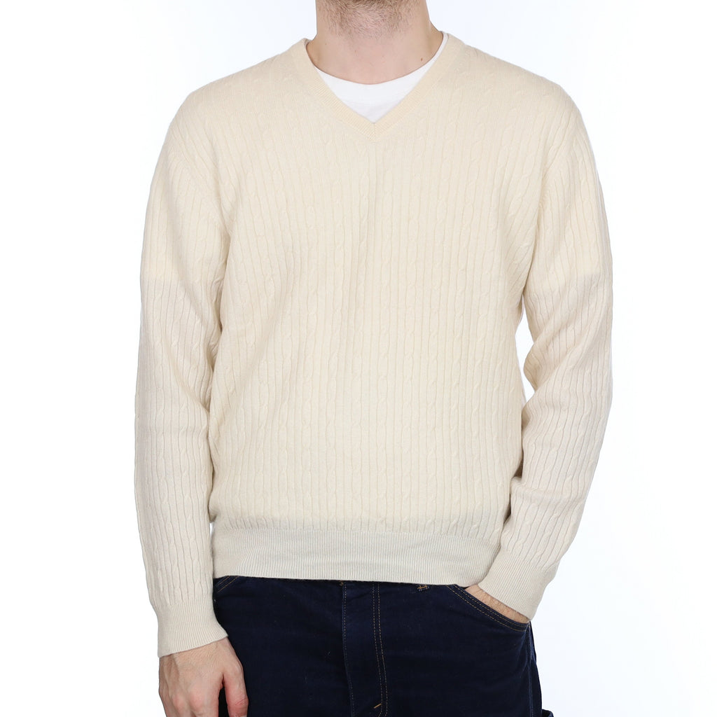Men's Cream Cable Cashmere V Neck Jumper Large