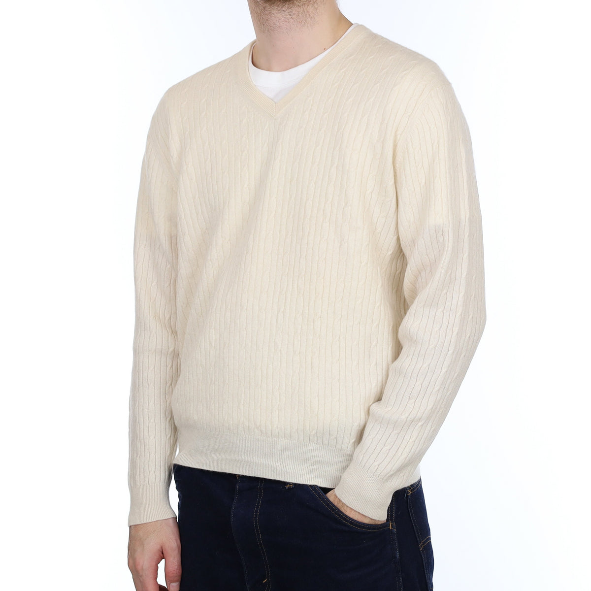 Men's Cream Cable Cashmere V Neck Jumper Large