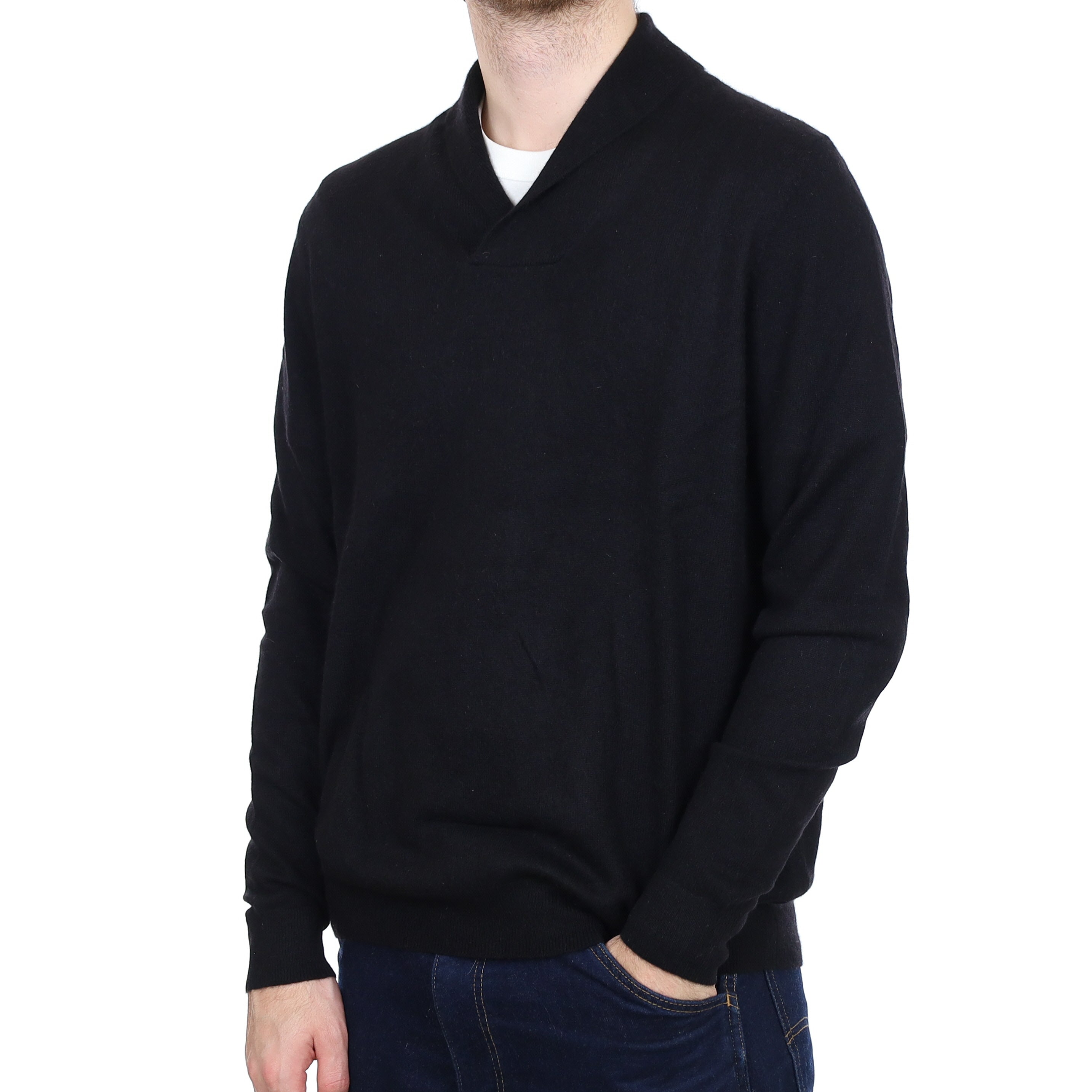 Men's Black Cashmere Shawl Collar Jumper Large