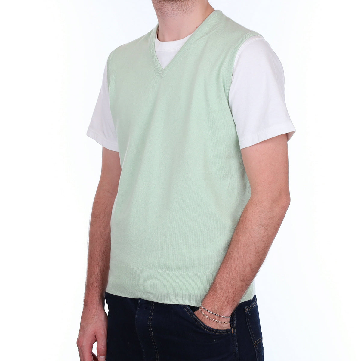 Men's Scottish Pale Mint Cashmere V Neck Tank Top Large
