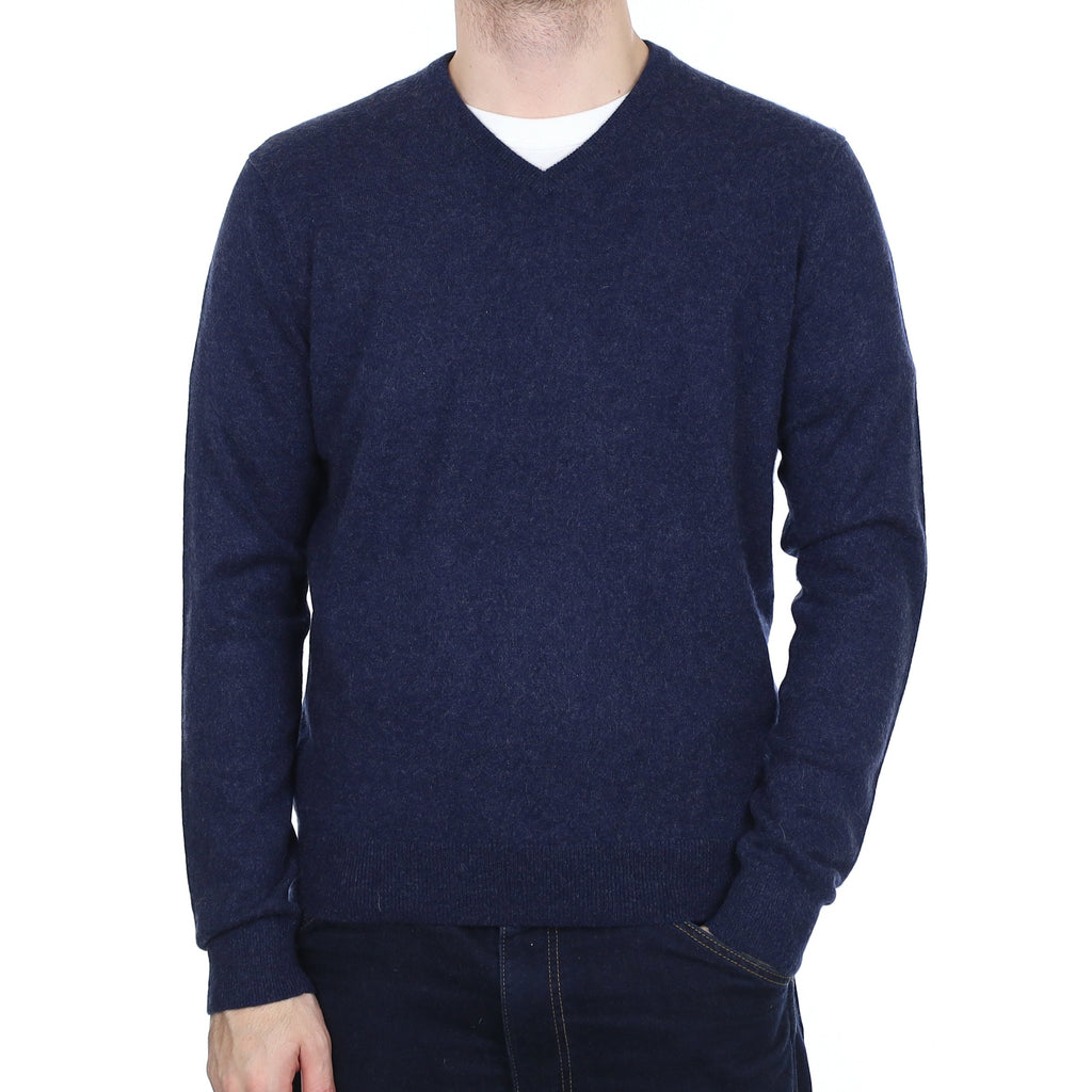 Men's Midnight Blue Marl Cashmere V Neck Jumper Large