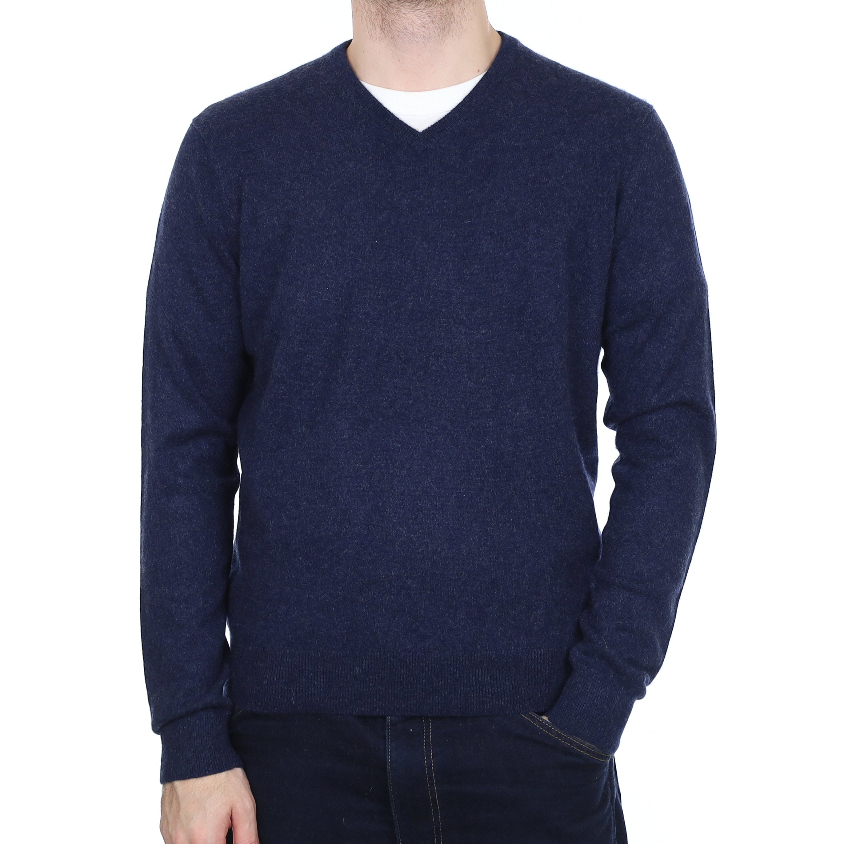 Men's Midnight Blue Marl Cashmere V Neck Jumper Large