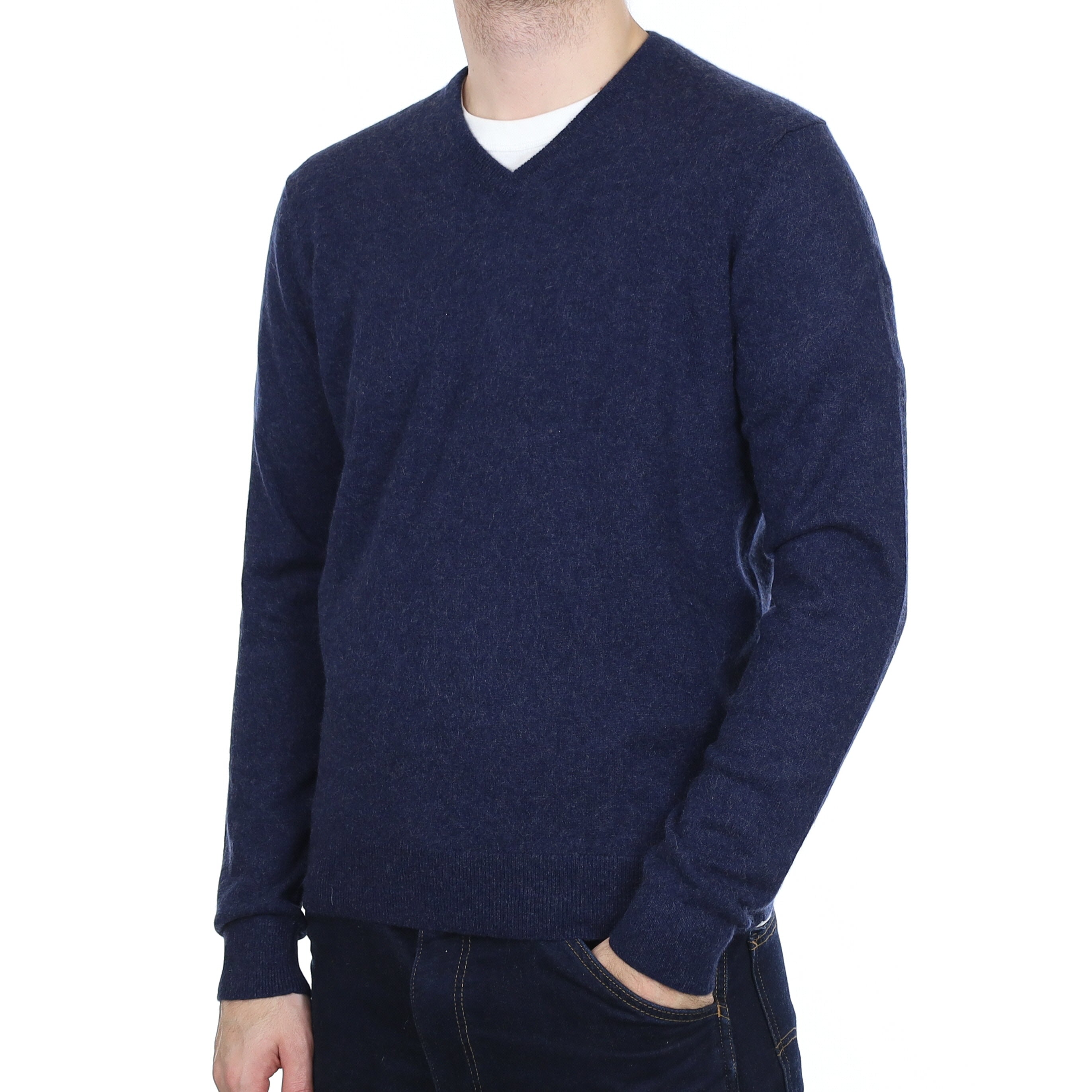 Men's Midnight Blue Marl Cashmere V Neck Jumper Large