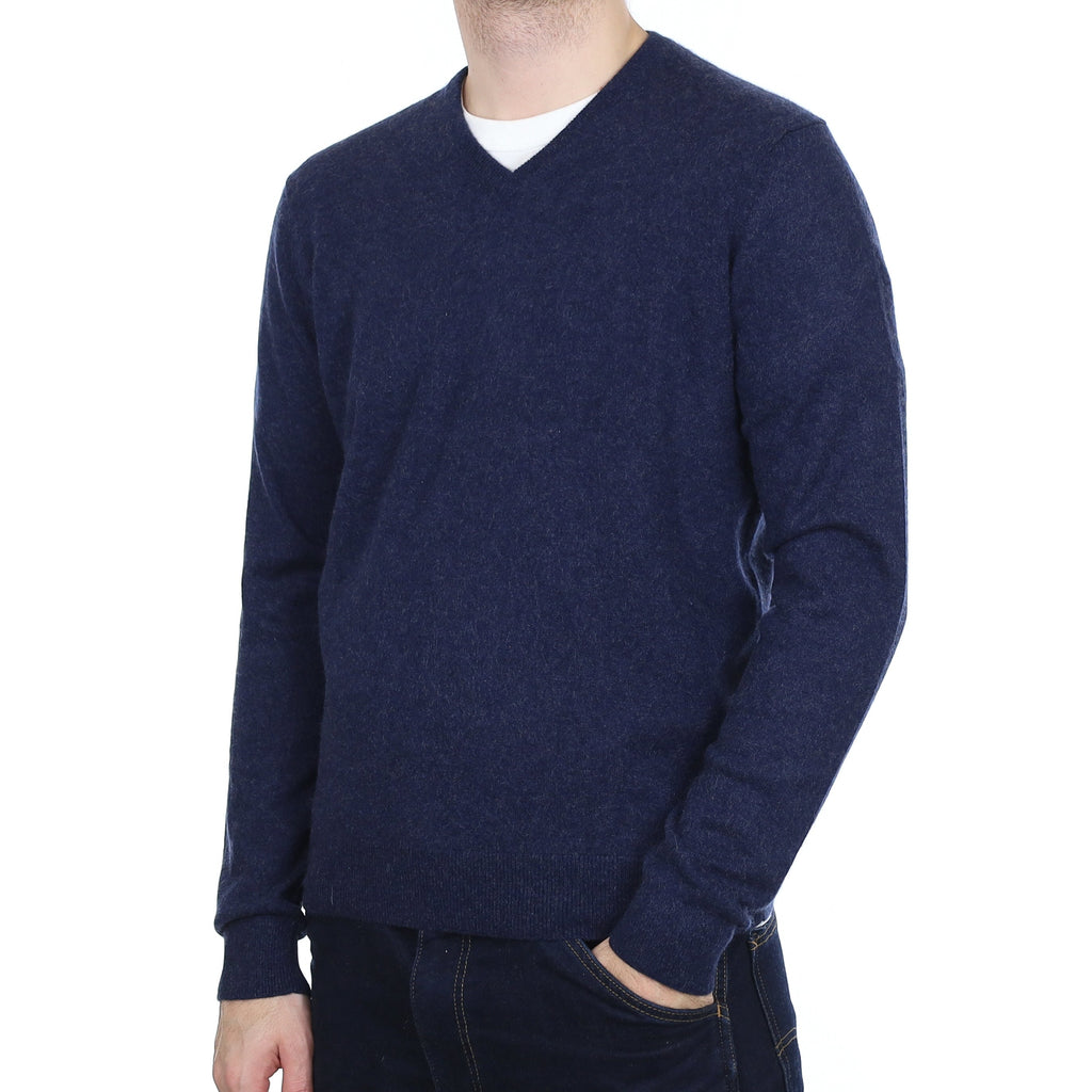 Men's Midnight Blue Marl Cashmere V Neck Jumper Large