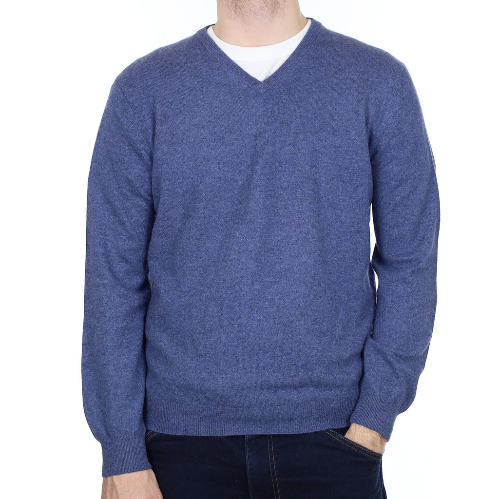 Men's Denim Blue Cashmere V Neck Jumper Large