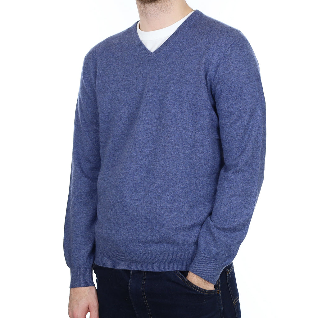 Men's Denim Blue Cashmere V Neck Jumper Large