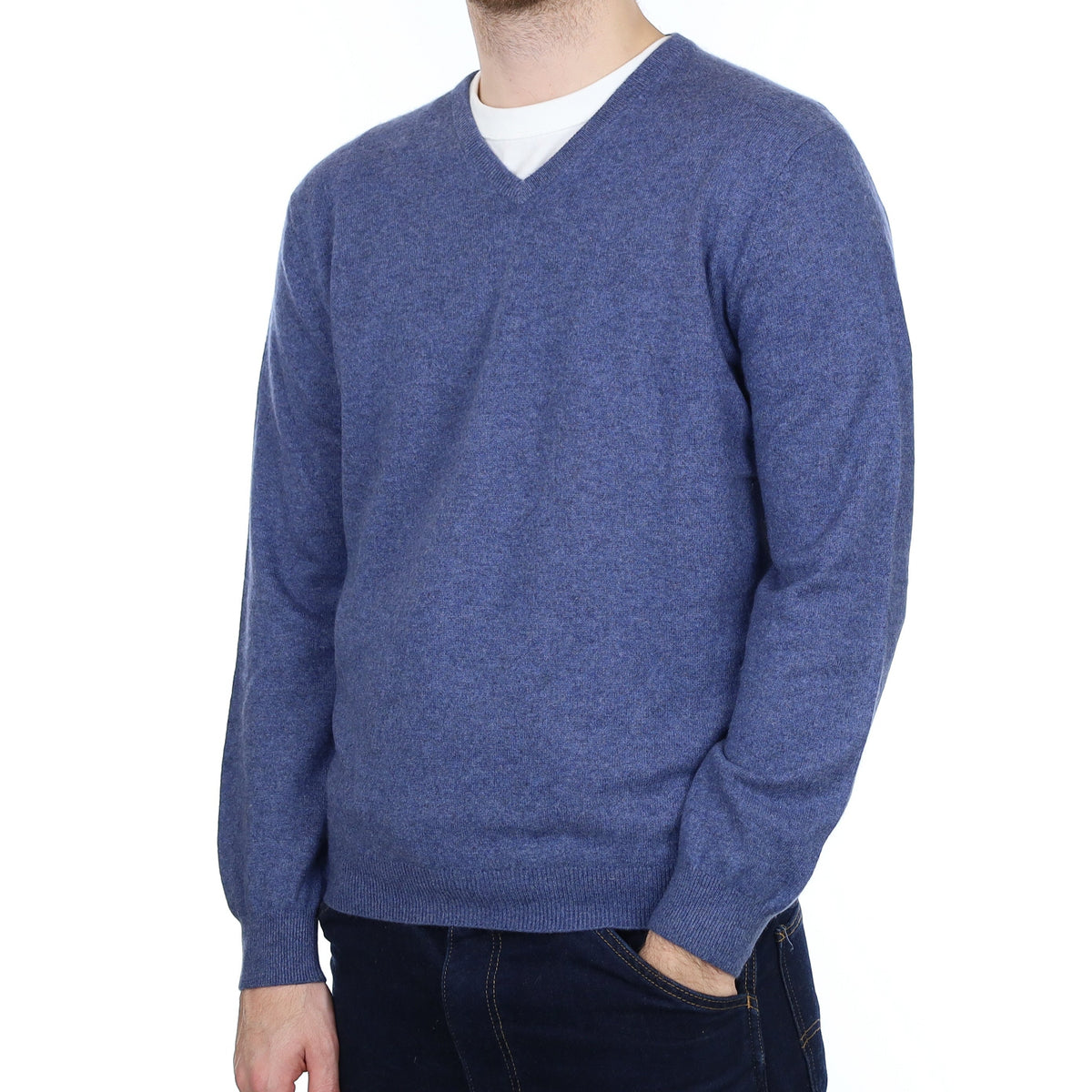 Men's Denim Blue Cashmere V Neck Jumper Large