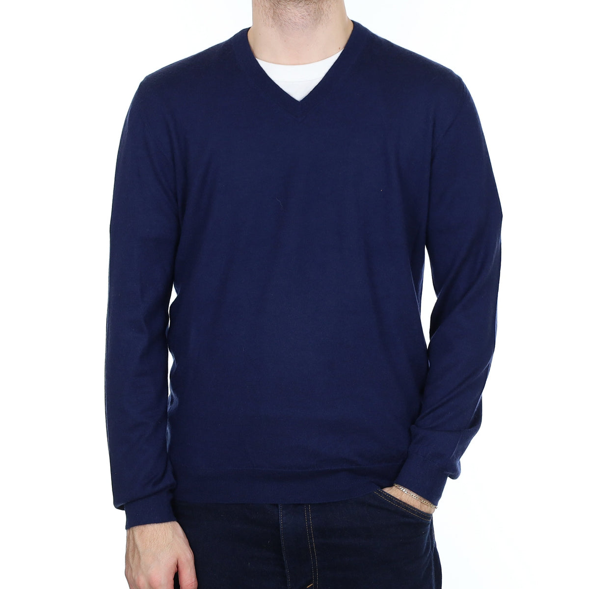 Men's TSE Navy Fine Knit Cashmere V Neck Jumper Large