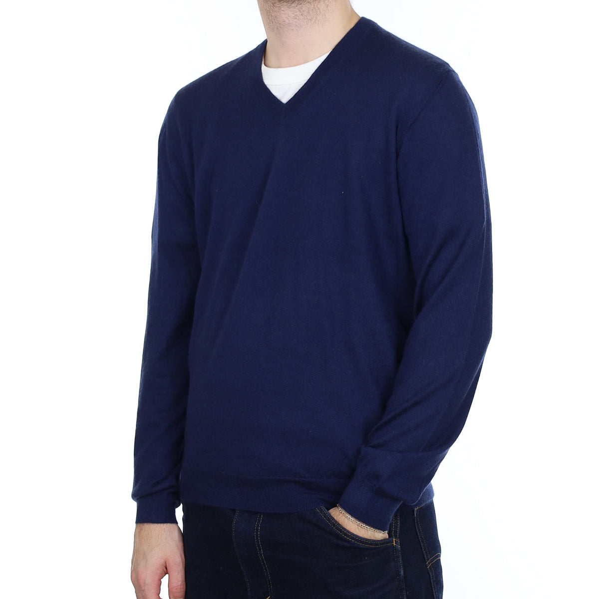 Men's TSE Navy Fine Knit Cashmere V Neck Jumper Large