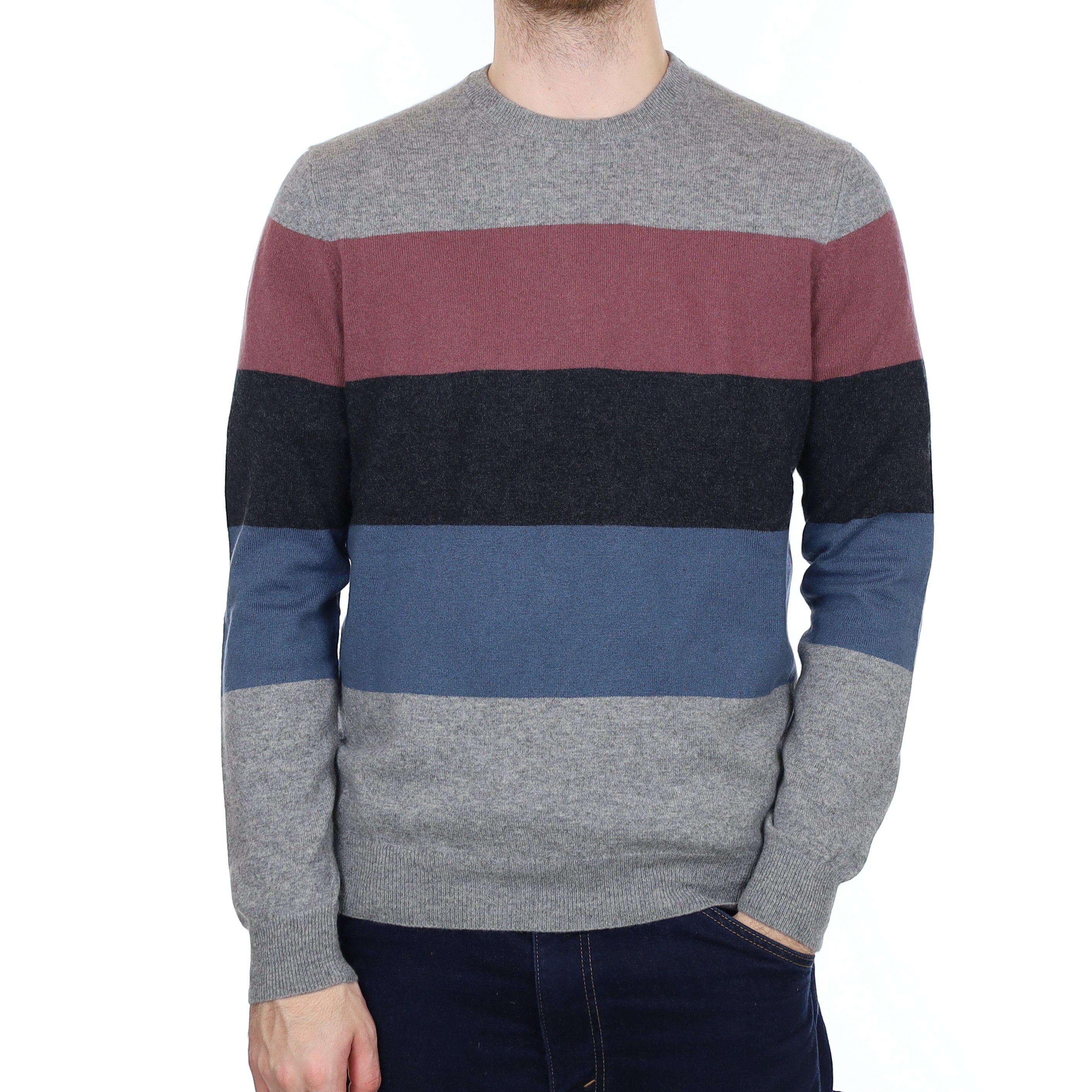Men's Grey and Blue Stripe Cashmere Crew Neck Jumper Large