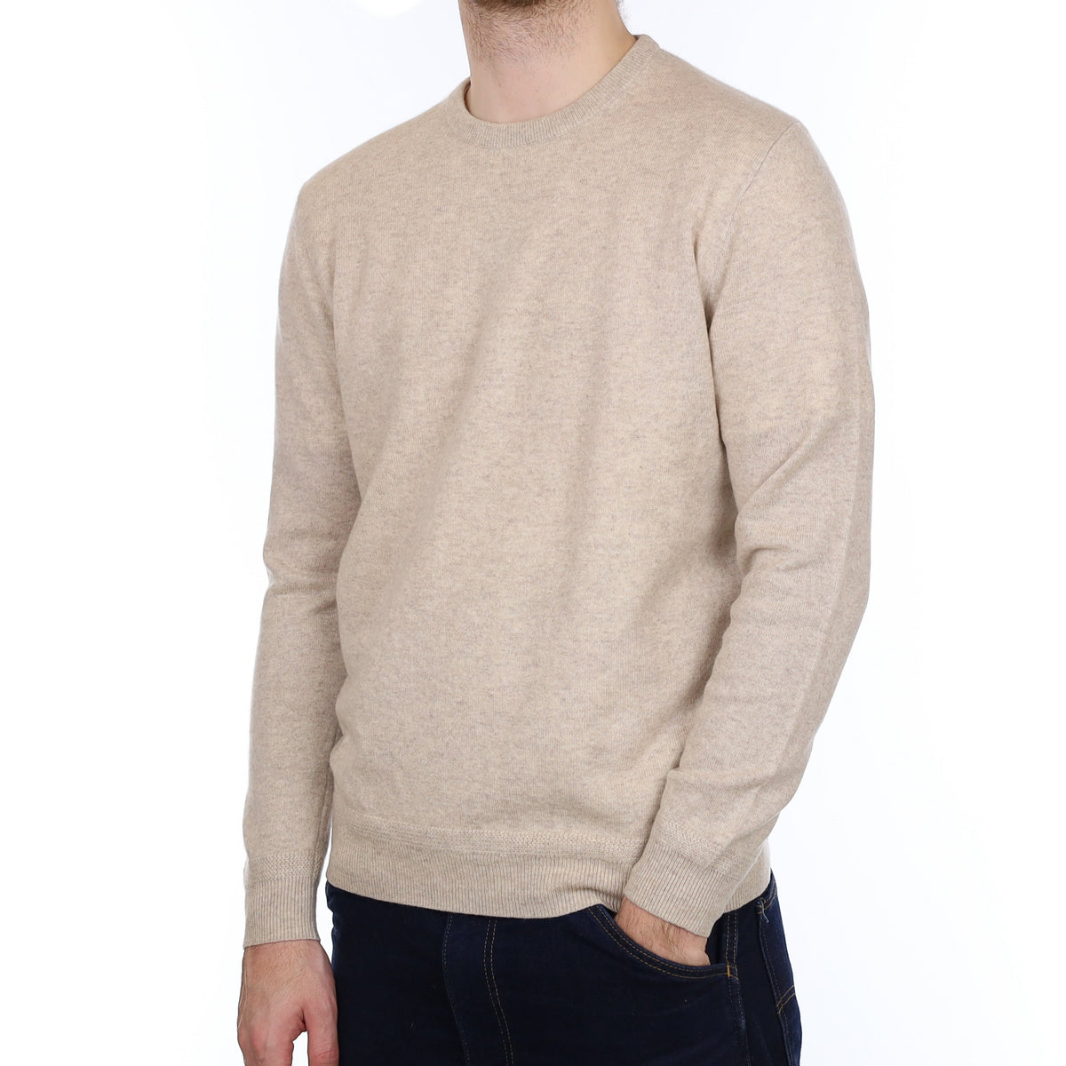 Men's Oatmeal Cashmere Crew Neck Jumper Large