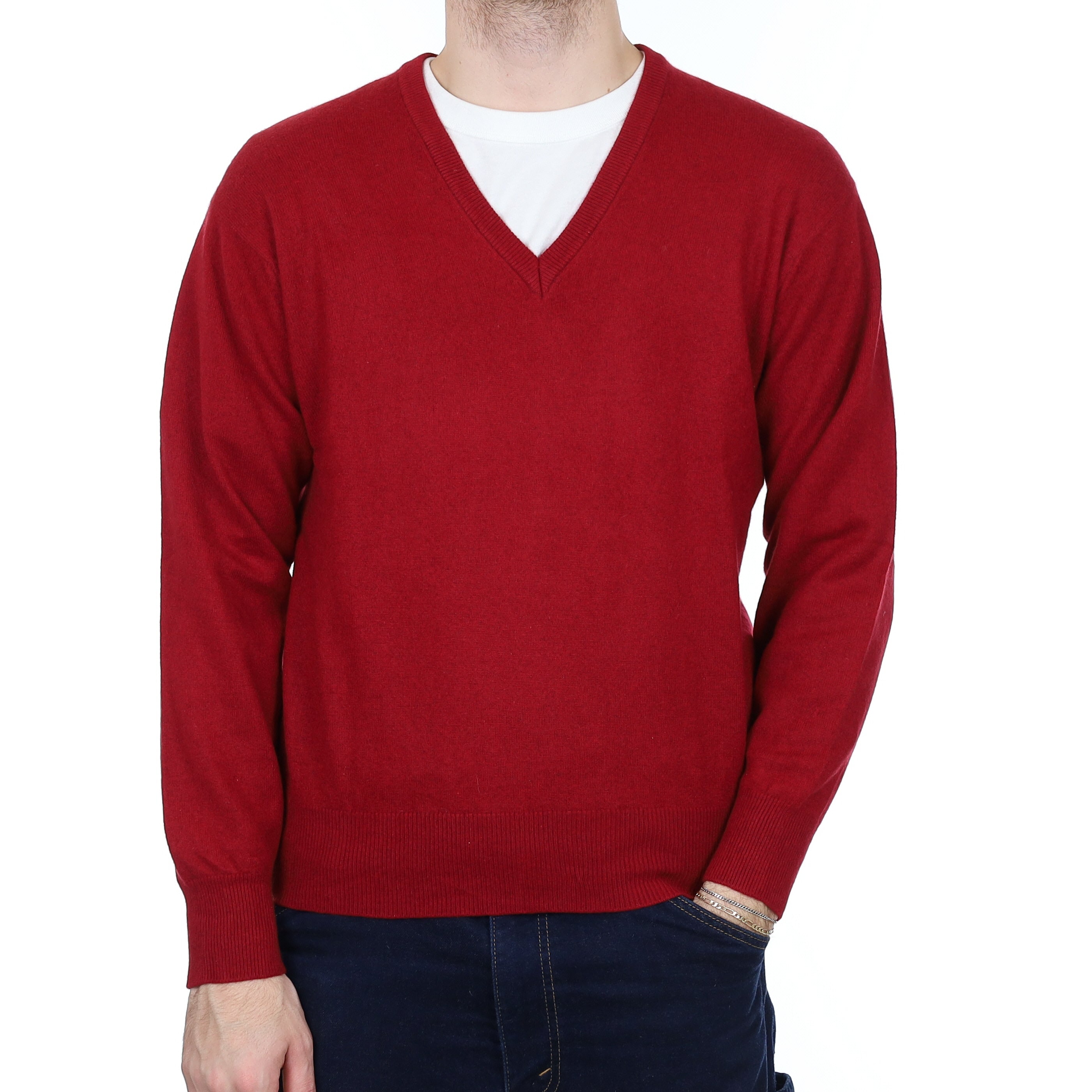 Men's Crimson Red Cashmere V Neck Jumper Medium