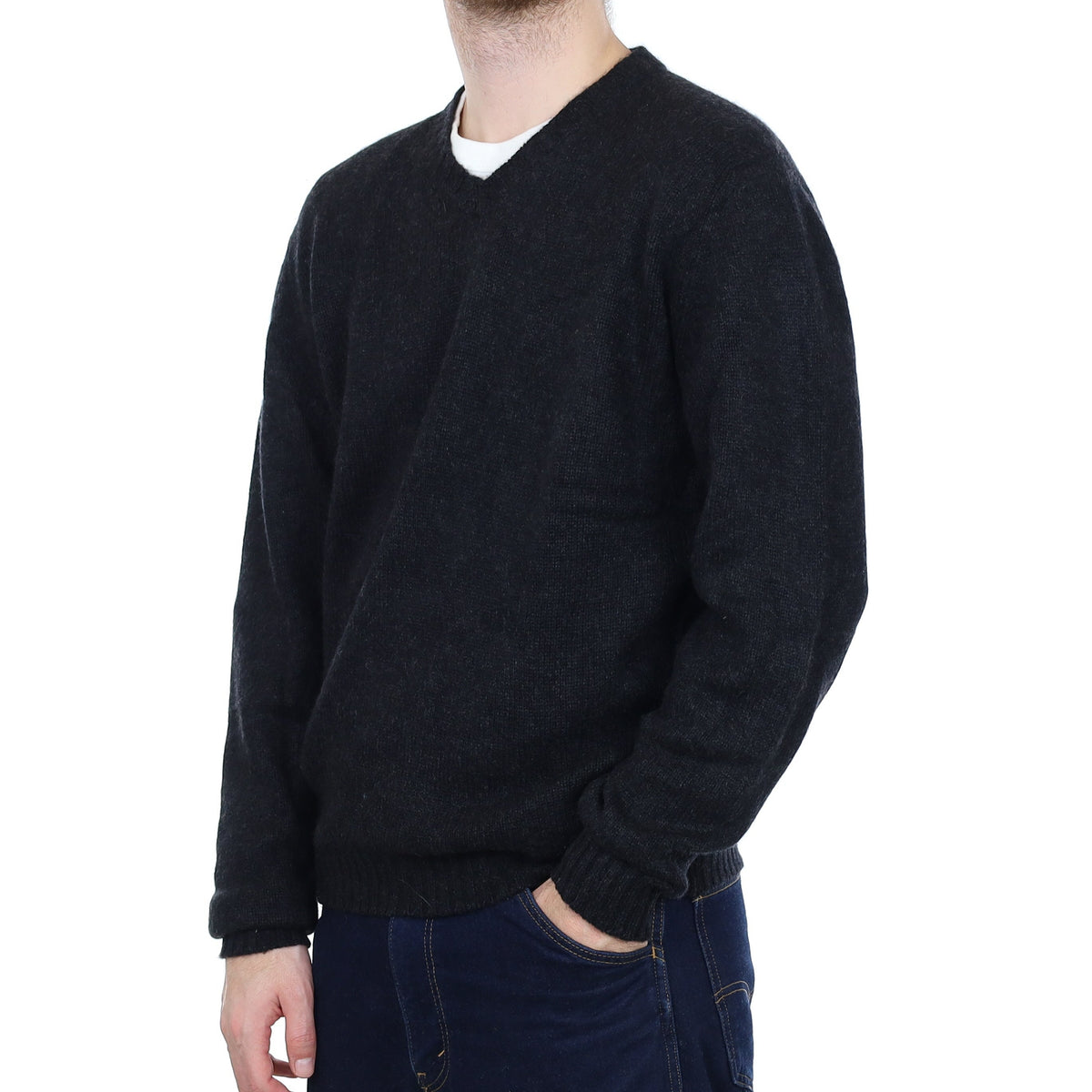 Men's Scottish Charcoal Chunky Cashmere V Neck Jumper Large