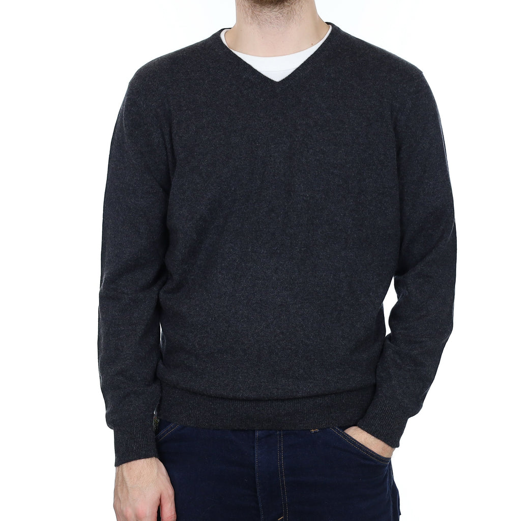 Men's Charcoal Grey Cashmere V Neck Jumper Large