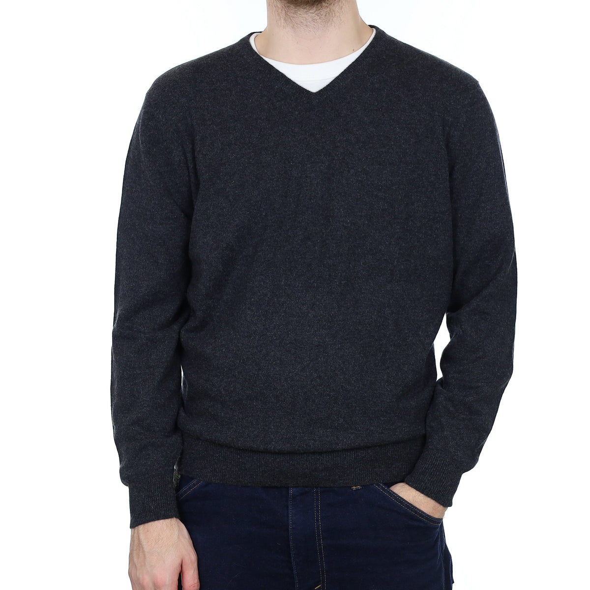 Men's Charcoal Grey Cashmere V Neck Jumper Large
