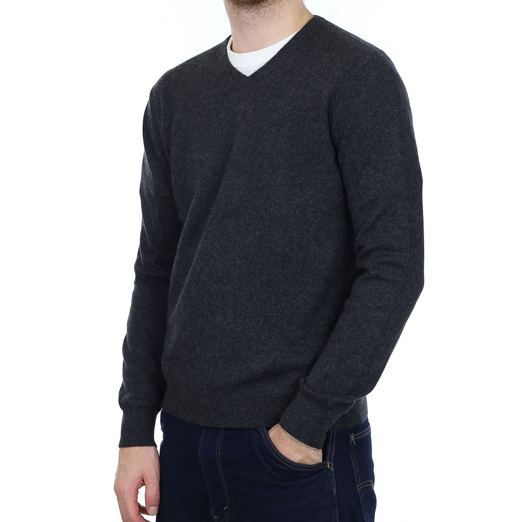 Men's Charcoal Grey Cashmere V Neck Jumper Large