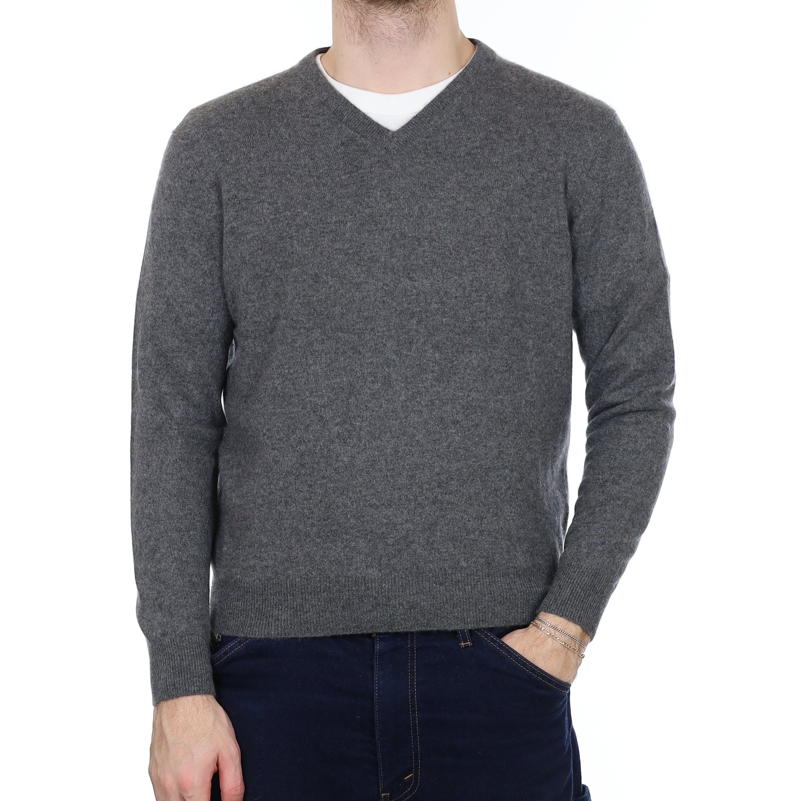 Men's Slate Grey Cashmere V Neck Jumper Medium