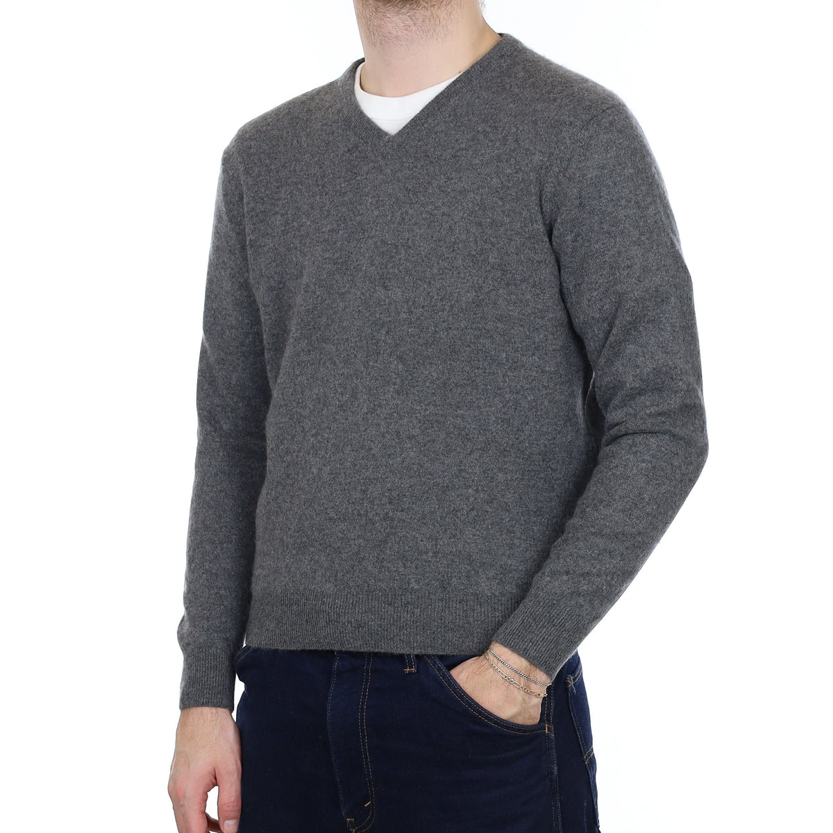 Men's Slate Grey Cashmere V Neck Jumper Medium
