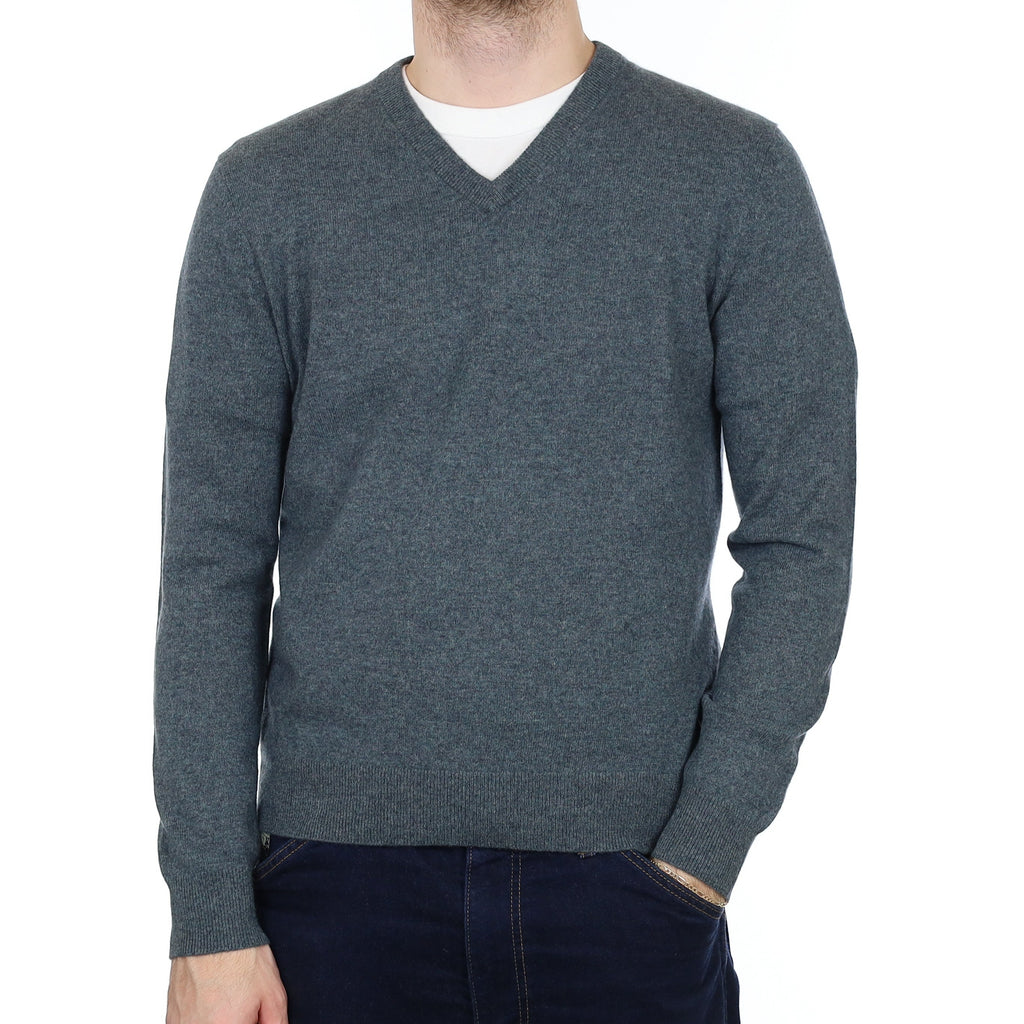 Men's Pebble Green Cashmere V Neck Jumper Medium