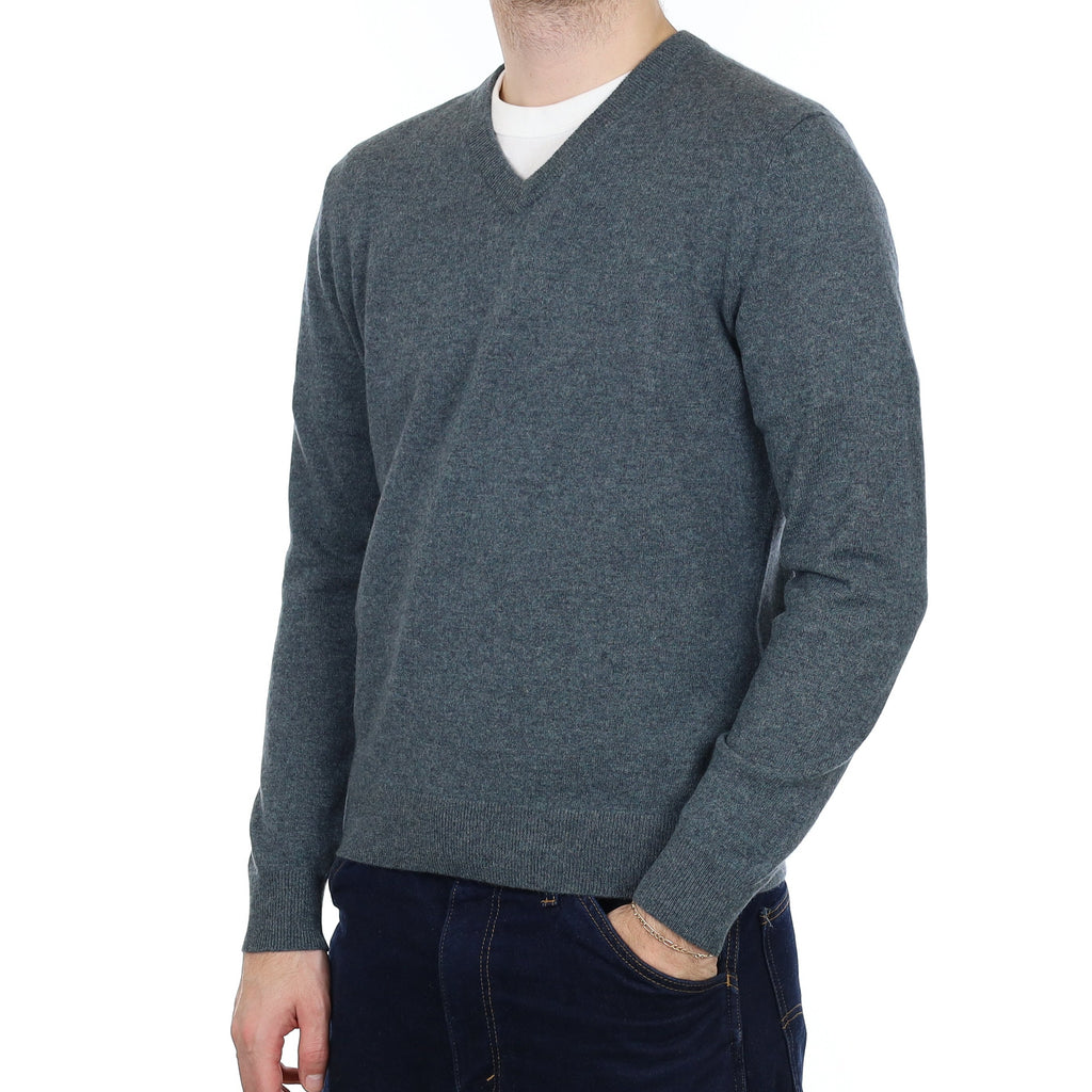 Men's Pebble Green Cashmere V Neck Jumper Medium