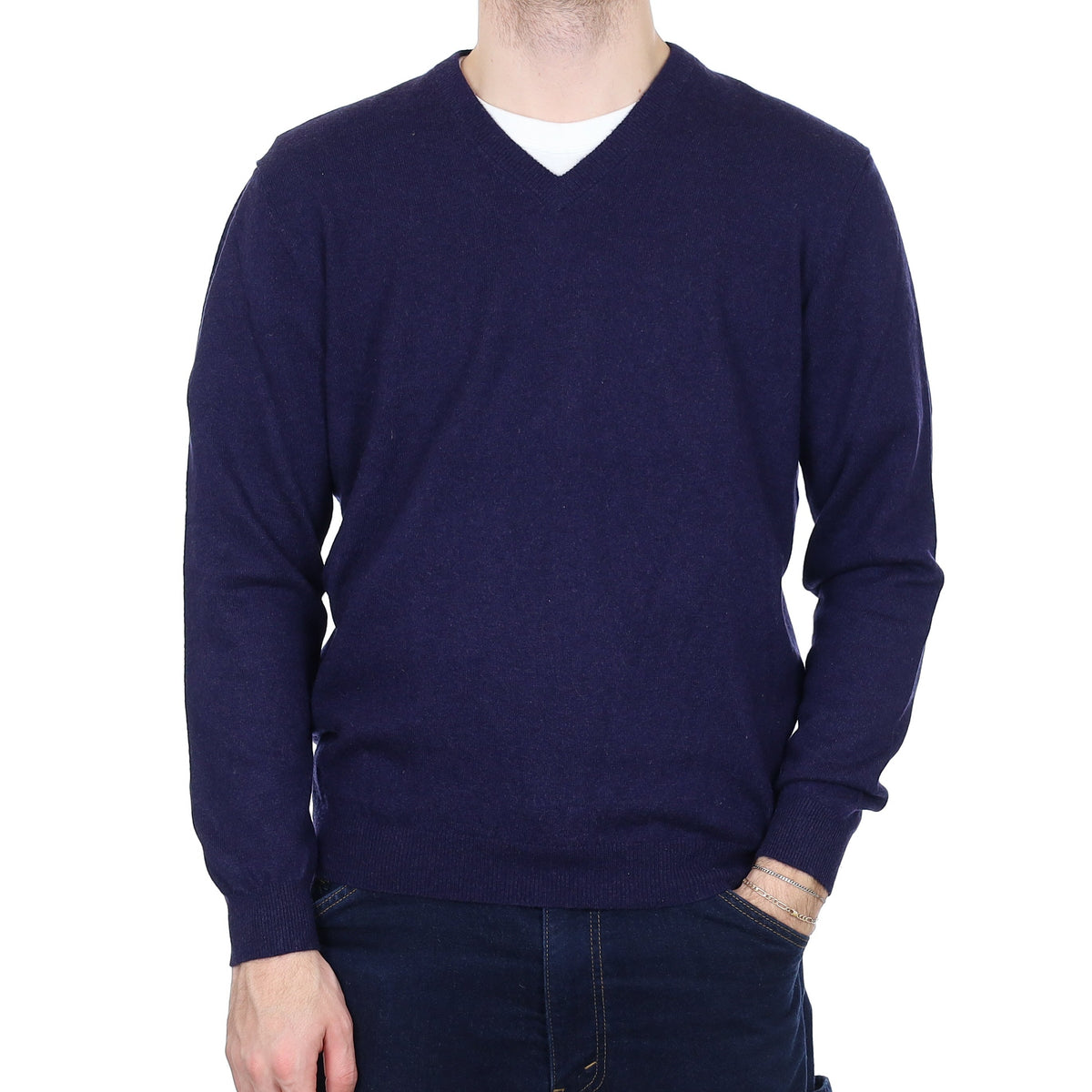 Men's Midnight Blue Cashmere V Neck Jumper Medium