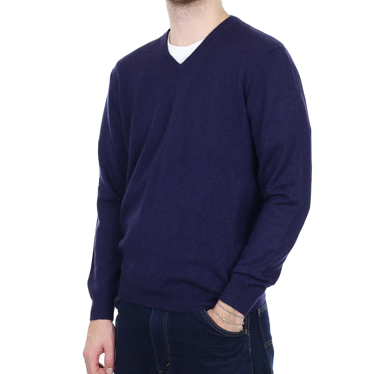 Men's Midnight Blue Cashmere V Neck Jumper Medium