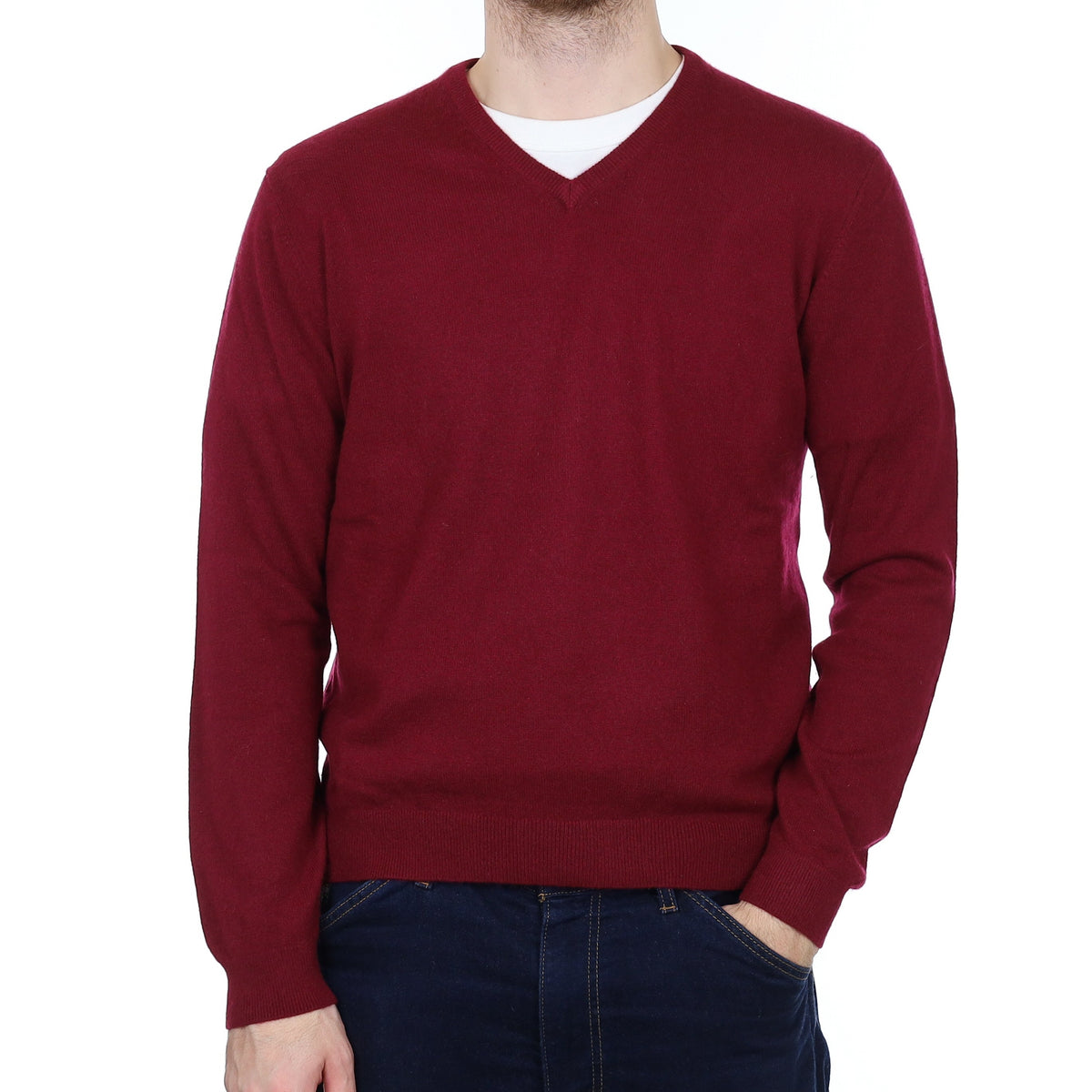 Men's Burgundy Red Cashmere V Neck Jumper Medium