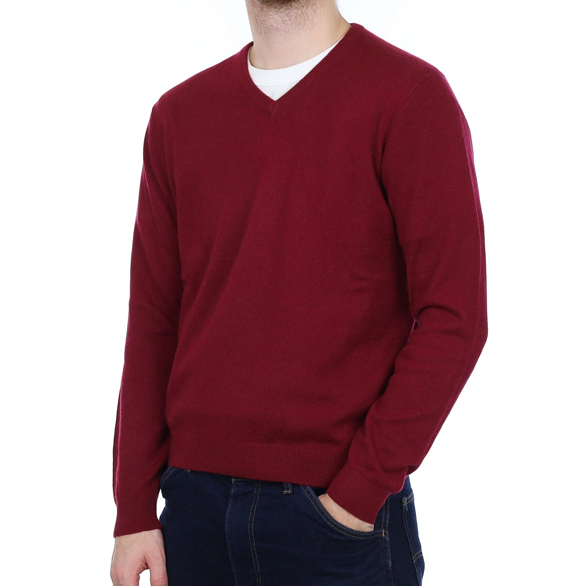 Men's Burgundy Red Cashmere V Neck Jumper Medium