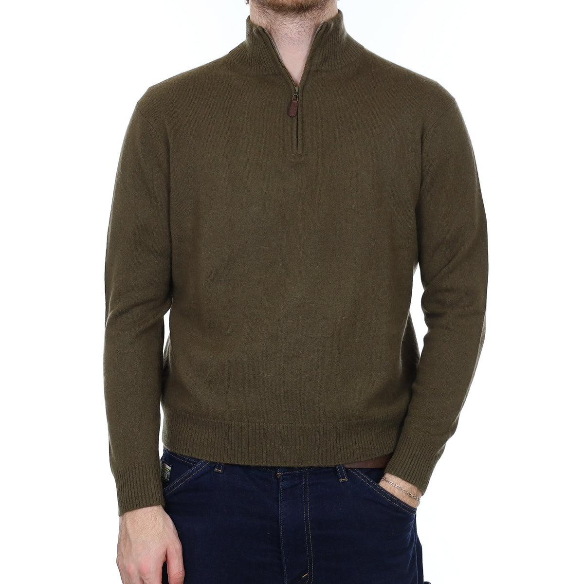 Men's Khaki Green Cashmere 1/4 Zip Jumper Medium